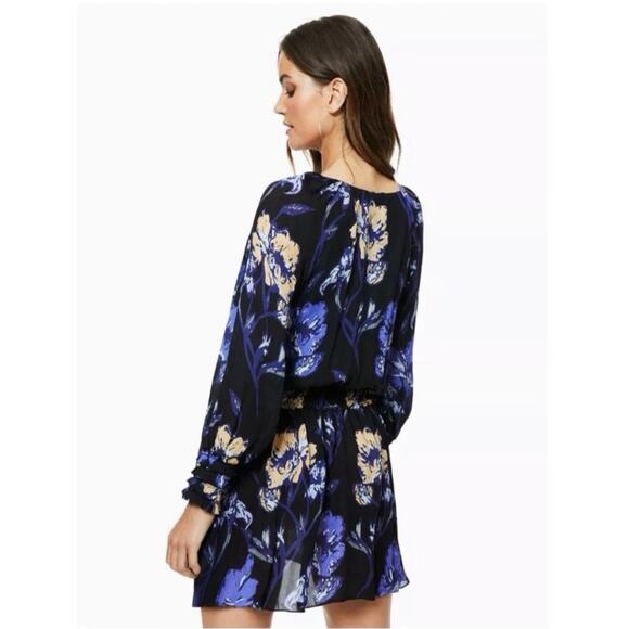 RAMY BROOK MINI DRESS MILENE 100% SILK BLUE FLORAL RUFFLE SMOCKED WAIST SZ S - Picture 4 of 16